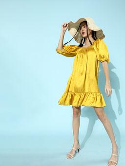 AAREIN - Women Yellow Solid Flared Mini Dress