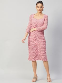 AAREIN - Women Pink Self Design Bodycon Midi Dress