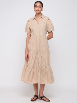 Cover Story - Women Beige Solid A-Line Midi Dress