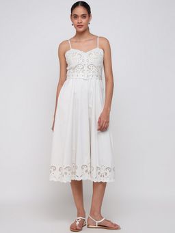 Cover Story - Women White Solid Flared Midi Dress
