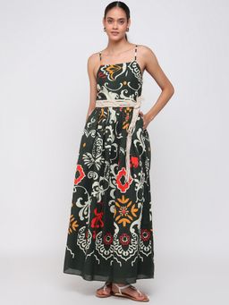 Cover Story - Women Green Floral Flared Maxi Dress