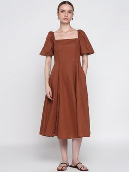 Cover Story - Women Brown Solid A-Line Midi Dress