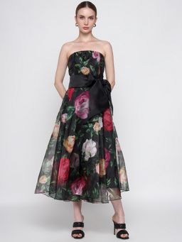 Cover Story - Women Black Floral Flared Midi Dress