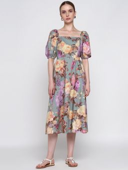 Cover Story - Women Blue Floral A-Line Midi Dress