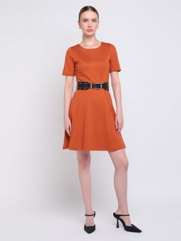 Cover Story - Women Rust Solid A-Line Mini Dress