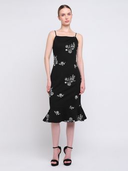 Cover Story - Women Black Floral Bodycon Midi Dress