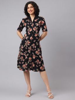 Latin Quarters - Women Black Floral A-Line Knee Length Dress