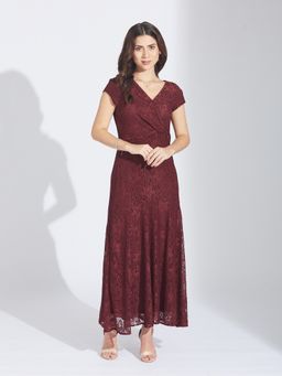 Latin Quarters - Women Maroon Self Design A-Line Maxi Dress