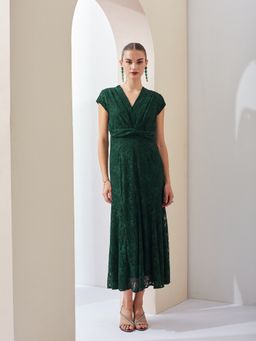 Latin Quarters - Women Green Self Design A-Line Maxi Dress