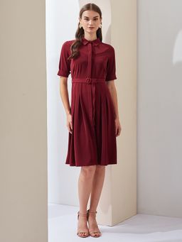 Latin Quarters - Women Maroon Solid A-Line Knee Length Dress