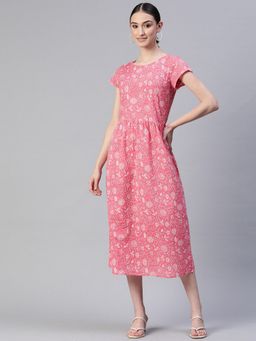 Popnetic - Women Pink Floral A-Line Midi Dress