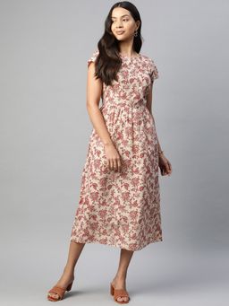 Popnetic - Women Beige Floral A-Line Midi Dress