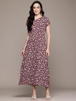 Popnetic - Women Maroon Floral A-Line Midi Dress
