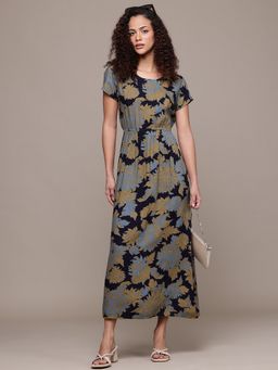 Popnetic - Women Navy Blue Floral A-Line Midi Dress