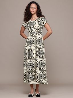 Popnetic - Women Cream Floral A-Line Midi Dress