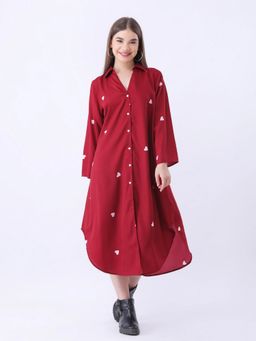 Qurvii - Women Maroon Geometric Loose Midi Dress