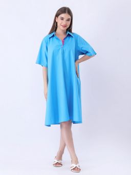 Qurvii - Women Blue Solid Relaxed Midi Dress