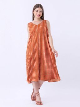 Qurvii - Women Rust Polka Dots A-Line Midi Dress