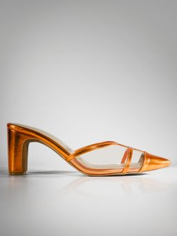 Signature Sole - Orange Metallic Pointed Toe Block Heels for Women
