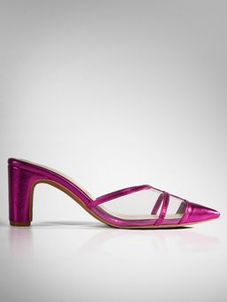 Signature Sole - Fuchsia Pink Metallic Pointed Toe Block Heels for Women
