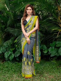 Beatitude - Grey Green Printed Soft Blended Mulmul Cotton Saree Pom Pom Border with Unstitched Blouse