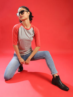 PINACOLADA - Solid Women Round Neck Charcoal-maroon Tops