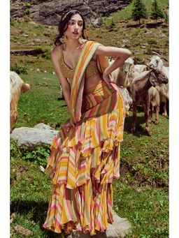 Paulmi & Harsh - Multicoloured Striped Pre Draped Saree with Stitched Blouse