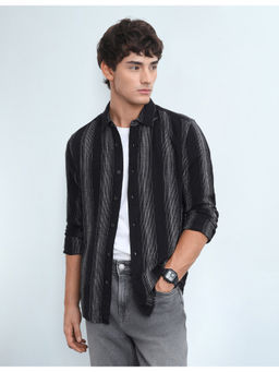 Flying Machine - Mens Black Vertical Striped Slim Fit Casual Shirt