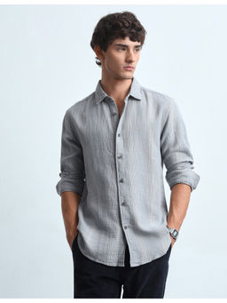 Flying Machine - Mens Grey Vertical Striped Slim Fit Casual Shirt