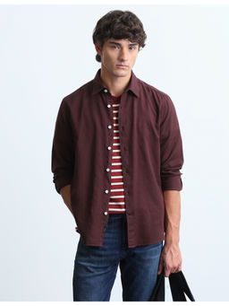 Flying Machine - Mens Solid Slim Fit Wine Casual Shirt