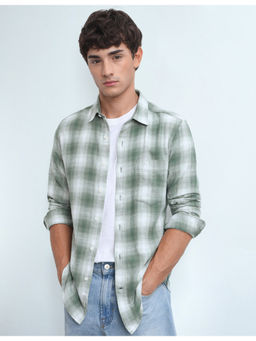 Flying Machine - Mens Tartan Checked Twill Green Casual Shirt