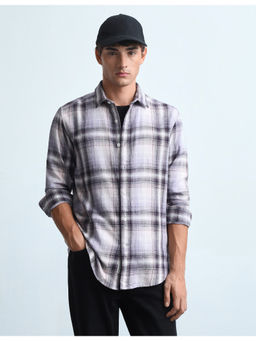 Flying Machine - Mens Plaid Checked Twill Purple Casual Shirt