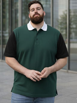RIGO - Men Plus Size Green Colour Block Polo T-Shirt