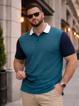 RIGO - Men Plus Size Colour Block Teal Blue Polo T-Shirt