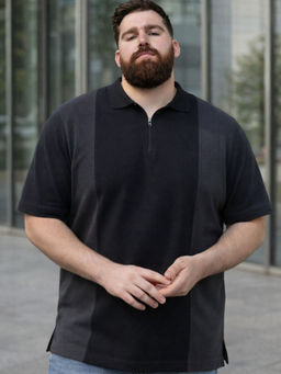 RIGO - Men Plus Size Black Colour Block Cotton Polo T-Shirt