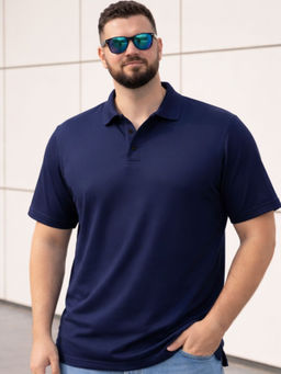 RIGO - Men Plus Size Solid Navy Blue Cotton Polo T-Shirt