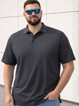 RIGO - Men Plus Size Solid Dark Grey Cotton Polo T-Shirt