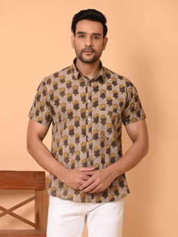 GOODHAND - Men Block Printed Cotton Half Sleeves Brown Casual Shirt