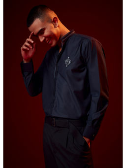 KALKI FASHION - Navy Blue Rayon Collar Neck Casual Shirt