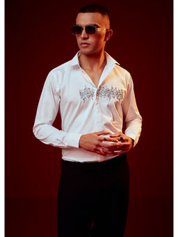 KALKI FASHION - White Embellished Silk Blend Collar Neck Casual Shirt