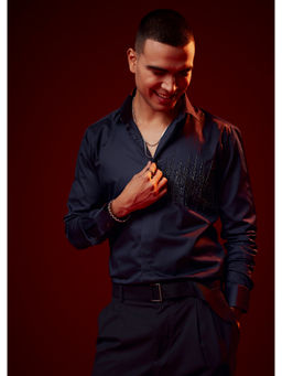 KALKI FASHION - Blue Navy Blue Silk Blend Party Casual Shirt