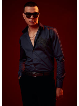 KALKI FASHION - Navy Blue Bead Silk Blend Casual Shirt