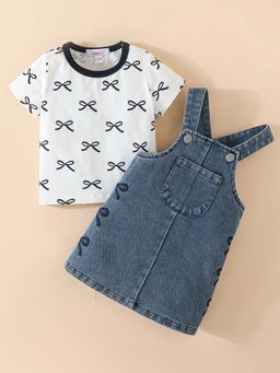 Hopscotch - 2-Pc Scattered Bow Dungaree Set