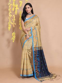 CHARUKRITI - Beige Blended Cotton Handwoven Zari Motifs & Floral Borders Saree with Unstitched Blouse