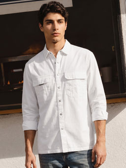 Bewakoof - White Solid Printed Relaxed Fit Shacket
