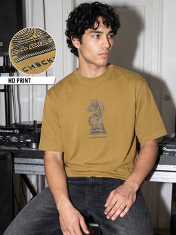 Bewakoof - Mustard Gold Checkmate Graphic Printed Oversized T-Shirt