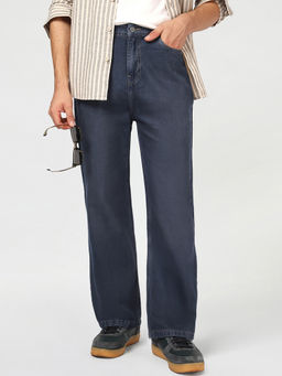 Bewakoof - Dark Blue Washed Baggy Straight Fit Mid-Rise Cargo Jeans