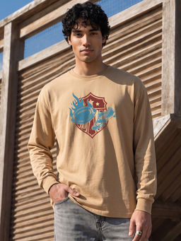 Bewakoof - Ginger Root Brown Rugby Printed Oversized T-Shirt