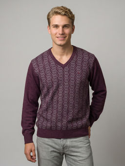 Monte Carlo - Purple Wool Blend V-Neck Full Sleeves Self Design Sweater