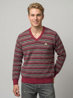Monte Carlo - Red Wool Blend V-Neck Full Sleeves Self Design Sweater